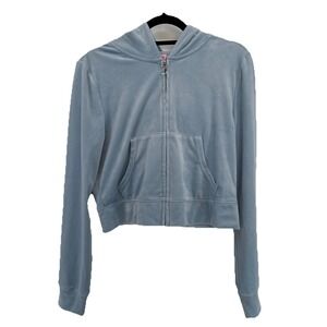 Juicy Couture Velour Hoodie Women Large Blue Rhinestone Logo Cropped Full Zip